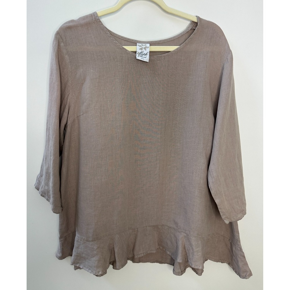 Match Point 100% Linen Ruffle Hem Tunic Top Tan Size Medium USA Made Lagonlook - Picture 2 of 10